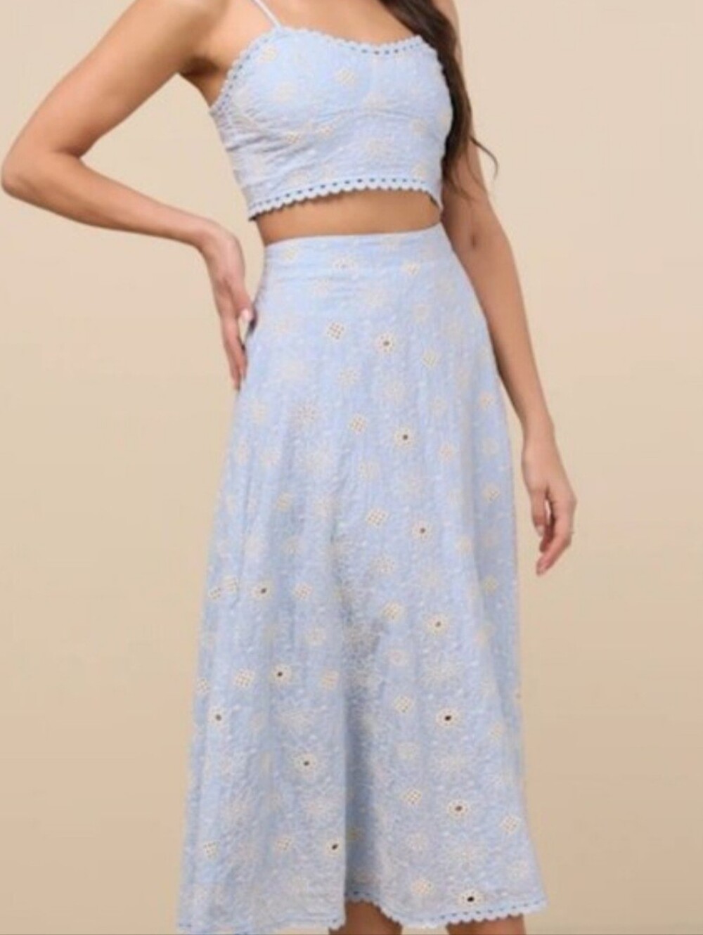 Lulu's Pastel Blue Cut-work Eyelet A-Line Skirt Set, Spaghetti Strap Top, NWT,SM